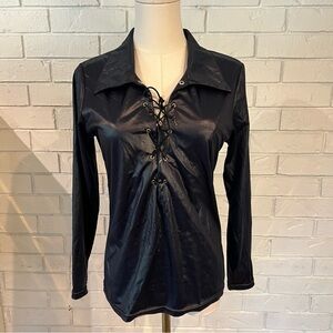 Vintage Wrangler Silver Lake Shiny Black Lace-Up Women's Western Rocker Shirt M